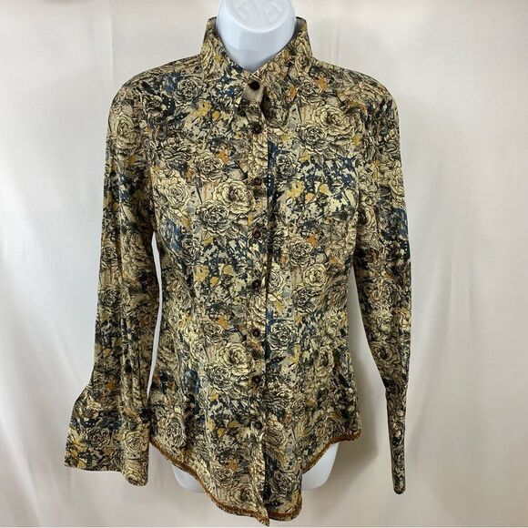 Georg Roth Long Sleeve Snap Front Floral Print Top Cream brown Multi Size XSmall - Picture 1 of 5